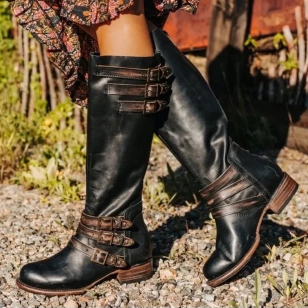 Freebird by Steven Raylene Black Brown Leather Buckle Boots Size 7